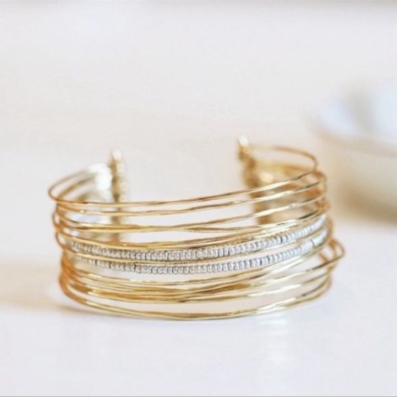 Stella & Dot Rhett Cuff Bracelet ~ Gold Silver Beaded Bangle - Picture 1 of 7